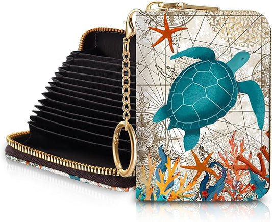Blusabaca RFID Credit Card Holder Wallets for Women, Small Card Case Wallet with Keychain and Zipper, Leather Card Holder Sea Turtle Pocket Business Card Accordion Wallet