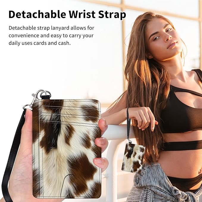 Slim Minimalist Front Pocket Wallet,Credit Card Holder Wallet for Women Men,RFID Blocking Credit Card Holder Case Leather Cute Small Thin Wallet ID Window&Wrist Strap,Brown White Fur Print