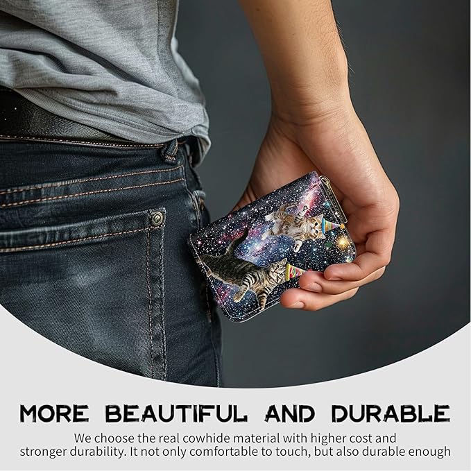 Cute Credit Card Holder with Zipper, Cats Galaxy Nebula RFID-Blocking Card Case Small Wallet for Women Men, Multi-slot Card Organizer Case Travel Accordion Wallet