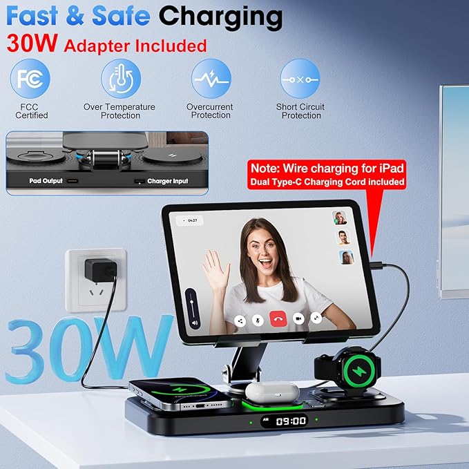 6 in 1 Wireless Charger for Apple Multiple Devices, Charging Station with Clock &7 Color Ambient Light, Foldable Rotate Stand for iPad, for iPhone17/16/15, Support for Apple Watch11/10 For AirPods4