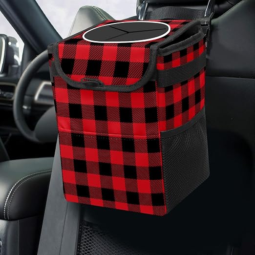 Red and Black Buffalo PlaidCar Trash Can with Lid Collapsible Reusable Waterproof Car Garage Bag,Automotive Garbage Can,Car Accessories Interior Car Organizer