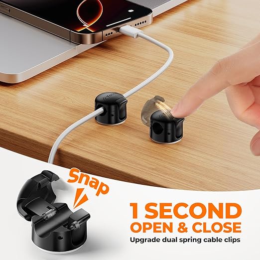 6 Pack Spring Cable Clips,Cord Organizer with Clasp Lock Desk Cable Management Cord Holder Adhesive Phone Charger Cord Clips for Home Office Car Wall Nightstand Accessories Black
