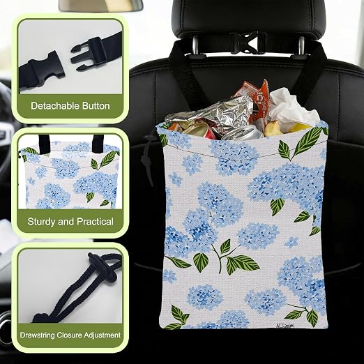 Car Trash Bag Blue Hydrangeas Floral Hanging Drawstring Car Organizer and Storage Bag with Adjustable Buckle Canvas Garbage Bin for Back Seat or Hanging Headrest Road Trip Essentials