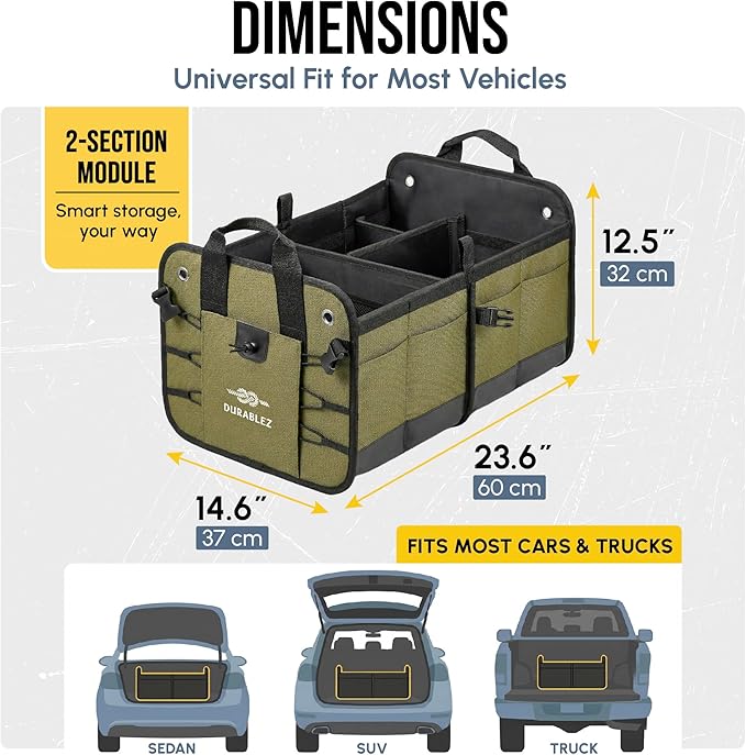 Heavy Duty Foldable Trunk Organizer 2-Section – Dual-Compartment Car Cargo Box with Non-Slip Pads & Removable Dividers – Green