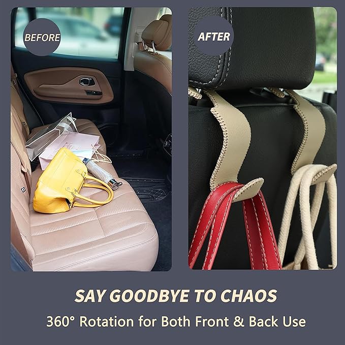 Amooca Car Seat Headrest Hook Universal Vehicle Storage Hanger Leather with Metal Car Seat Back Organizer for Handbag Purse Coat Beige 2 Pack