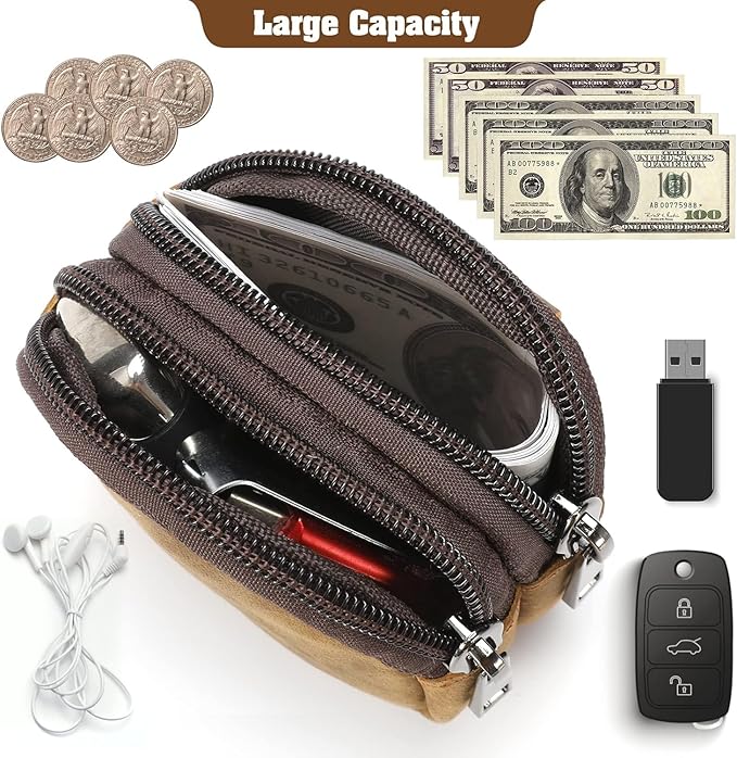 Jack&Chris Coin Purse for Men, Genuine Leather Mini Coin Wallet Zipper Pocket with Back Belt Loop, Coin Bag for Men