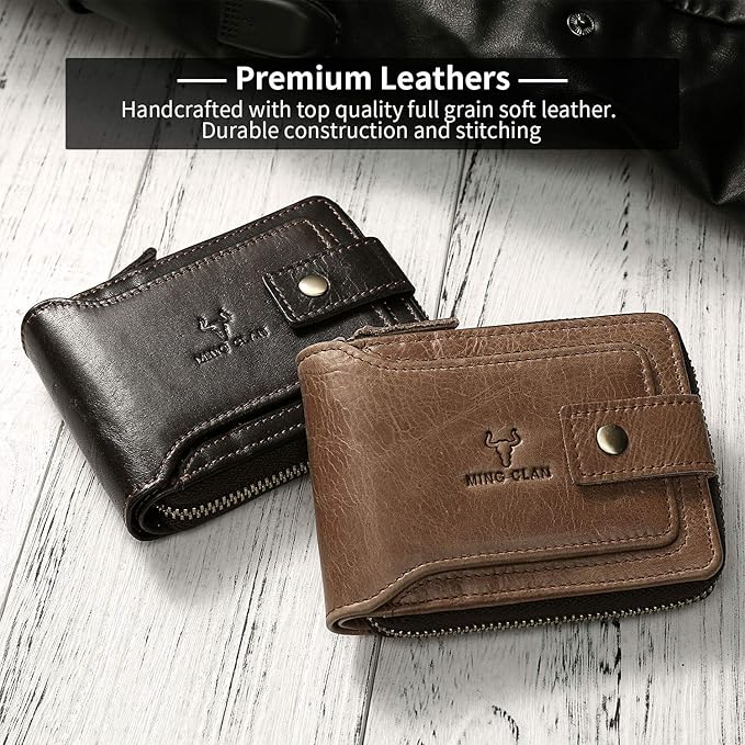 MING CLAN Men's Zipper Wallet, Tobacco Leather, RFID Blocking, Big Capacity, Flap ID Window, 12 Credit Card Slots, 2 Bill Compartments, 2 Vertical Pockets