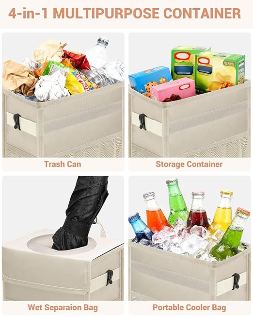 Capolo Car Trash Can with Lid, Leakproof Car Trash Bag Hanging Waterproof Automotive Garbage Can with Storage Pockets Mini Vehicle Trash Bin for Back/Front Seat(Beige,3 Gallon)