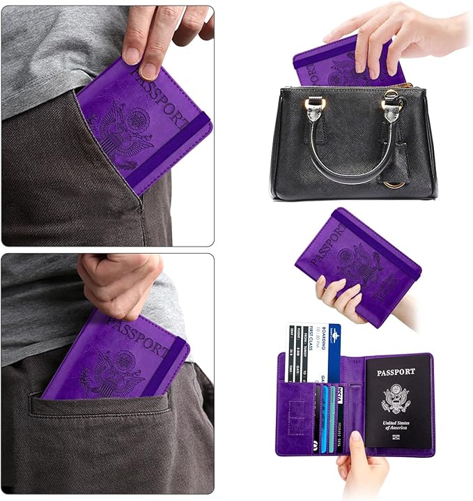 WALNEW Passport Holder for Travel, RFID Passport Cover Wallet for Women Men, PU Leather Passport Book Card Holder Case with Pen (Elastic Band Closure, A-Purple)