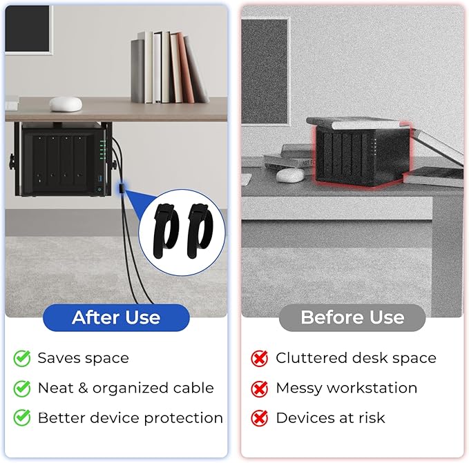 Metal Under Desk Mount for NAS Adjustable Mounting Bracket for Desktop NAS 1/2/4 Bay Network Attached Storage Under Desk Holder for NAS/Small PC/SFF Desktop Tower/CPU/UPS and More with Cable Ties