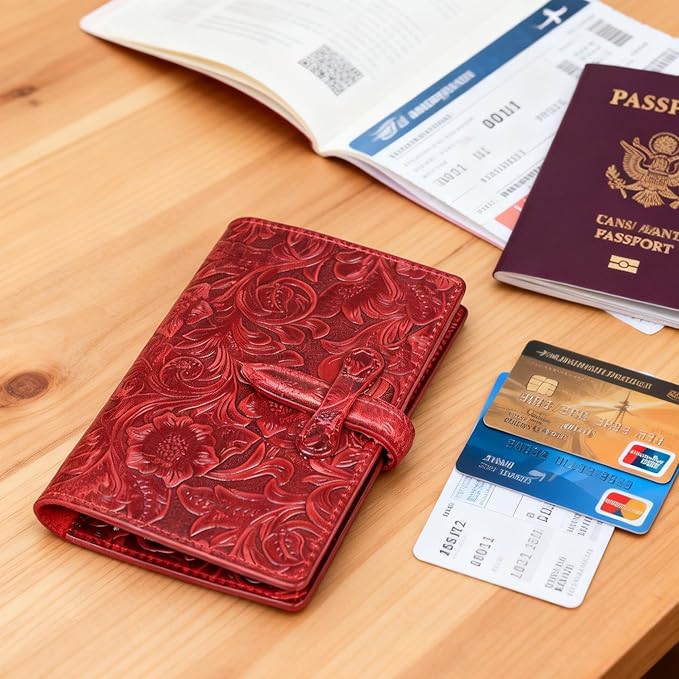 Genuine Leather Passport Holder Travel Bifold Wallet For Men And Women Slim RFID Blocking Red