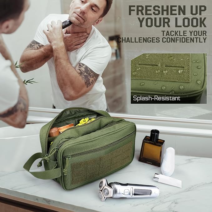 RXW EDC Toiletry Bag for Men, Tactical Dopp Kit, Molle Pouches Compact Travel Organizer for Shaving Shower, Hygiene, Grooming (Includes Dry/Wet Compartment & US Flag Patch)