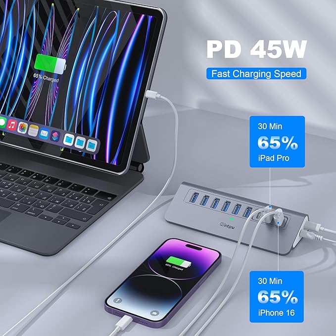Powered USB Hub 10Gbps, intpw YH6AC 9-Port USB Splitter with USB A/USB C 3.2, 4 USB 3.0, 2 PD 45W Charging Ports, 65W Power Adapter + 3.3FT Cable, Aluminum USB Extender Hub for Laptop, PC,iPhone 17/16