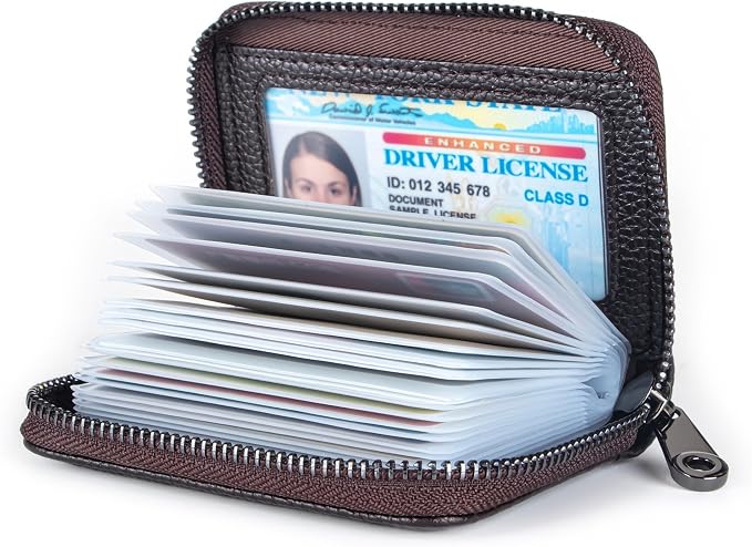 Suweibuke Genuine Leather Credit Card Holder Zipper Wallet RFID Blocking Secure Card Case ID Case Organizer (Classic Brown)