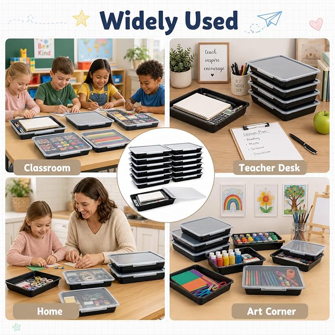 12 Pack Flat Storage Paper Tray with Clear Latching Lid Letter Size Organizer Bin Tray Plastic Latching File Organizer for Classroom Library School Office Teacher Desktop Book Organization (Black)