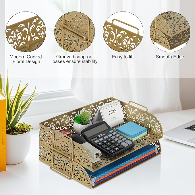 EasyPAG Paper Organizer for Desk 2 Tier Stackable Paper Tray for A4 Legal Size Folders Metal File Storage Desktop Organizer for Home Office School Teacher, Gold