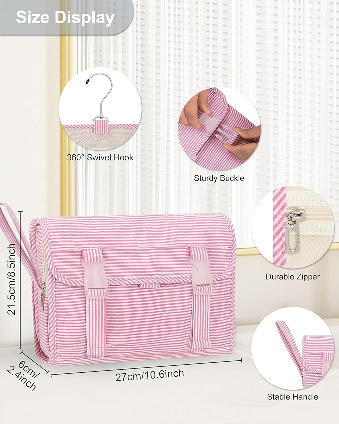 Relavel Hanging Toiletry Bag for Women, Large Makeup Travel Bag with Separate Compartment, Water Resistant Toiletries Bag for Travel Accessories, Portable Bathroom Bag for Trip Camping- Pink Strip