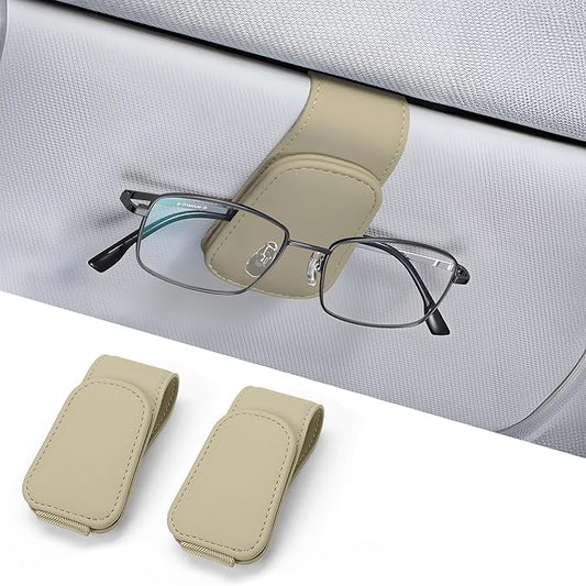 2 Packs Sunglass Holder for Car, Magnetic Leather Car Sunglass Holder, Visor Sunglasses Holder Clip, Sunglasses Clip for Car Visor, Sunglass Holder for Different Size Eyeglasses (Beige)