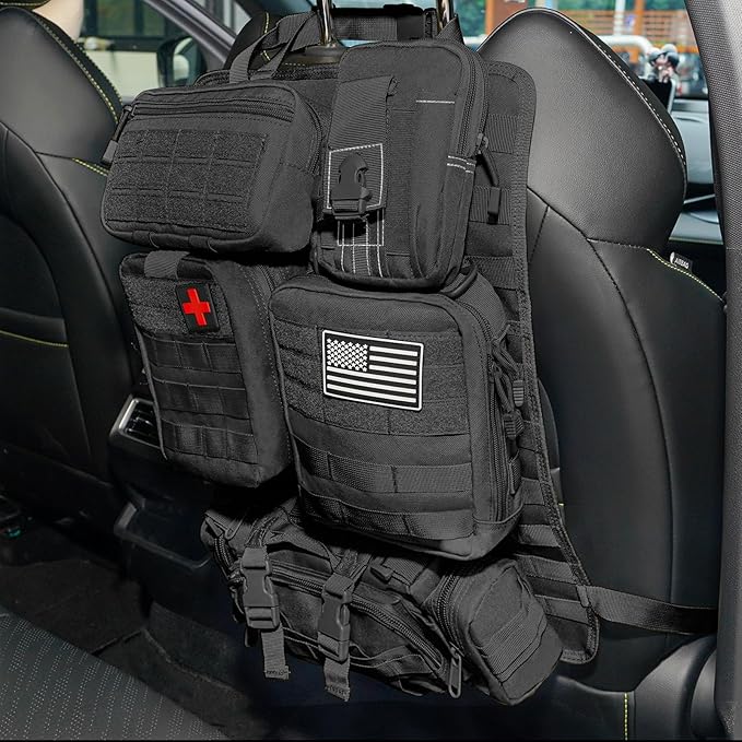 Tactical Car Seat Back Organizer Bag - Tactical Molle Vehicle Organizers Panel with 5 Detachable Pouches for Car Truck Ford Jeep Vehicle (Black Regular)