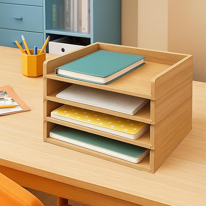 PROLEE Wooden Paper Tray Organizer for Desk, Stackable Paper Holder and Letter Tray, 4-Tier Desktop File Storage Rack for Study,Home and Office (Oak, 14" x 9.5" x 2.5")