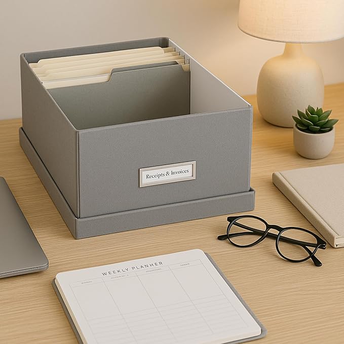Bigso Box of Sweden Katrin Collapsible Storage Box with Labelframe for Easy Identification - Simple Assembly Without Tools - Decorative Storage Boxes with Lids - 13.5in x 17.6in x 7.2in - Gray