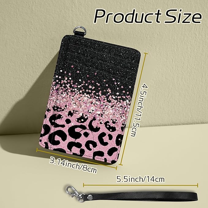 Small Travel Wallets, Pink Glitter Leopard Slim Minimalist Front Pocket Wallet with Wristlet, RFID Blocking PU Leather Credit Card Holder with ID Window Change Purse for Men Women