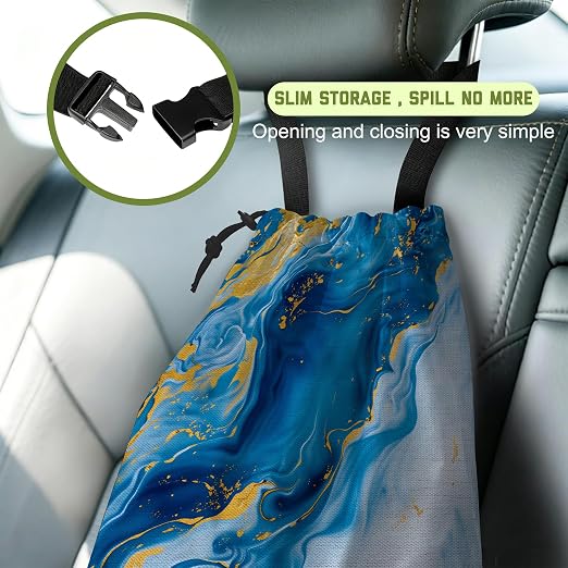 Car Trash Bag Abstract Blue Gold Fluid Marble Leak-Proof Waterproof Car Garbage Bag with Drawstring Foldable Canvas Trash Bin with Adjustable Buckle for Car Accessories