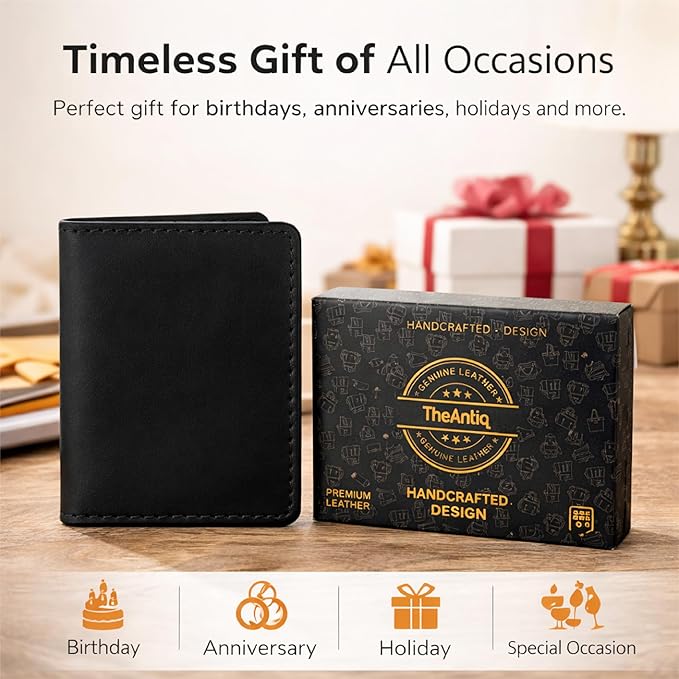 Genuine Leather Bifold Card Holder Wallet for Men & Women – Slim Minimalist Front Pocket Credit Card Wallet, Compact Leather Credit Card Case for Travel & Everyday Carry- Black