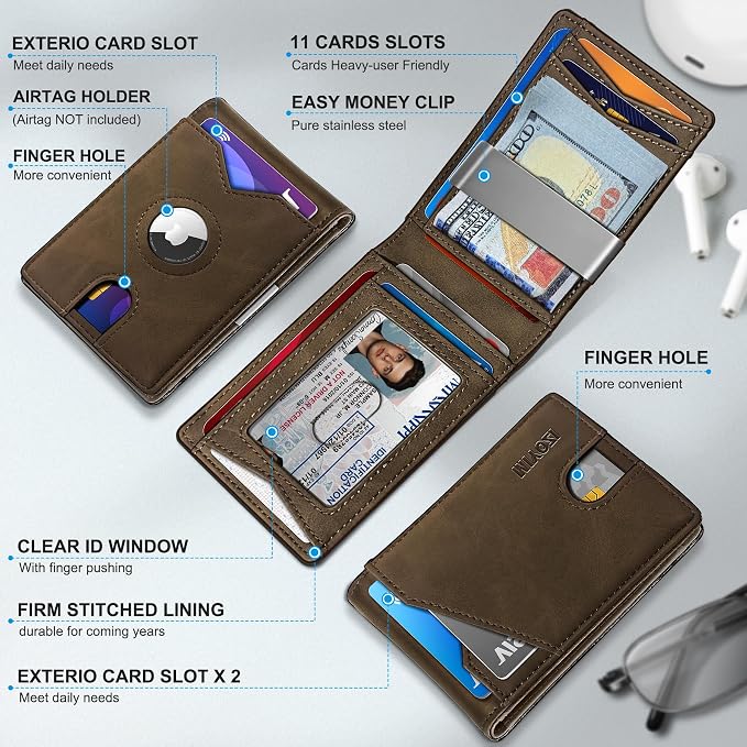 miyozi Airtag Wallet for Men,with Money Clip 11 Cards Slim Front Pocket Leather RFID Blocking Wallet with Gift Box