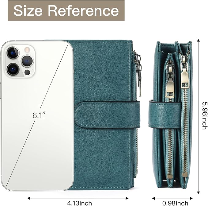 GOIACII Womens Wallets RFID Blocking Leather Trifold Clutch Wallet Credit Card Holder Ladies Purse 3 ID Windows Teal