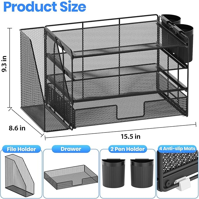 OPNICE Desk Organizer, 4-Tier Desktop File Organizer with Drawer and 2 Pen Holders, Office Desk Accessories, File Sorters, Workspace Organizers for Office Supplies(Black-2pack)