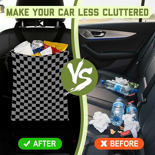 Car Trash Bag Black Gray Checkered Hanging Drawstring Car Organizer and Storage Bag with Adjustable Buckle Canvas Garbage Bin for Back Seat or Hanging Headrest Car Decor Road Trip Essentials