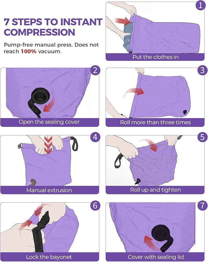 Travel Laundry Bag, Pump-free Vacuum Compression Dirty Clothes Bag, Large Reusable Waterproof & Washable Laundry Bag, Wet and Dry Bag, Ideal for Suitcases, Laundromats (1 Pack) Purple