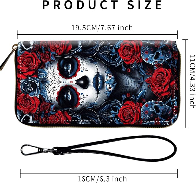 Wallet,Leather Long Wallet Suitable For Ladies And Teenagers - Detachable Wristband + RFID Travel Wallet With Card Slot - Sugar Skull Woman