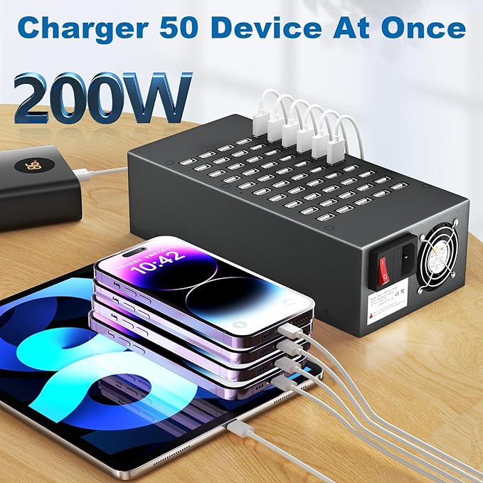50 Port 200 Watt (40A) USB Charging Station, USB Fast Charger with Intelligent Protection, Multiple US? Desktop Chargers, Suitable for Hotels, Shops, Schools, Shopping Malls
