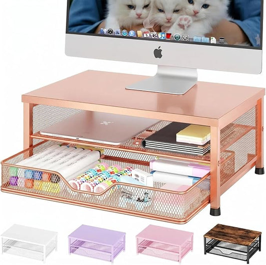 OPNICE Computer Monitor Stand Riser, Desk Organizer with Drawer, Printer & Laptop Stand, Office Desk Accessories & Workspace Desktop Organizers Storage for Office Supplies(Rose Gold)
