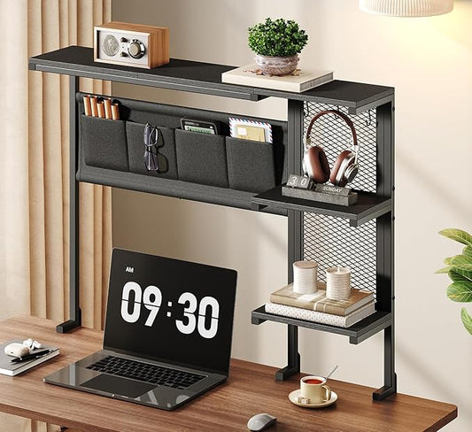 Clamp on Desk Shelf with Pegboard, Above Desk 3-Tier Extender Shelf, Desktop Bookshelf with Hooks, Desktop Organizer for Office Desk Accessories, Tabletop Storage Rack, 38.3" W x 33" H, Black