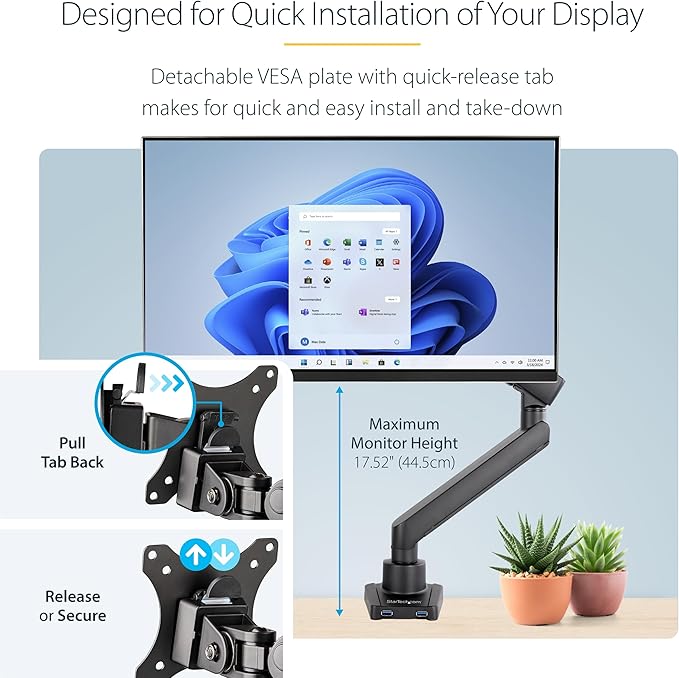 StarTech.com Desk Mount Monitor w/with 2X USB 3.0 Ports for VESA Display up to 34" (17.6lb/8kg), C-Clamp/Grommet, Mechanical Spring