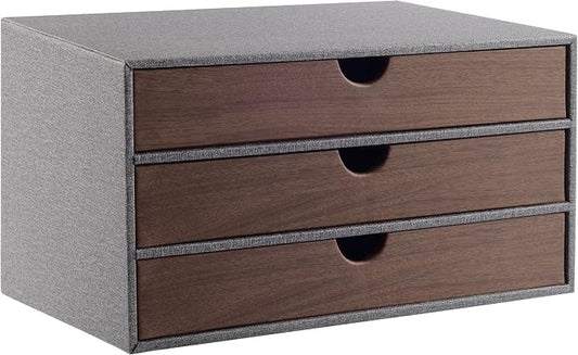 Cloth-effect Faux Leather Desk Organizer File Cabinet Executive Office Supplies Desktop Filing A4 Contract Document Stackable Storage Box with 3 Drawers (Grey)