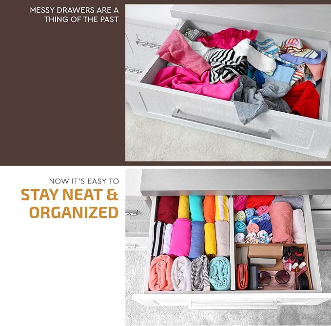 6 Pack Bamboo Drawer Dividers - 17" to 21.5" Expandable Adjustable Drawer Organizer for Kitchen Utensils, Large Drawer Divider, Clothes, Dresser, Bedroom, Bathroom, Desk Drawer Separator Set (White)