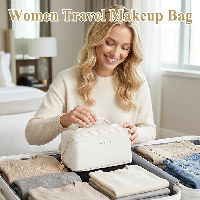 Cosmetic Bag,Travel Makeup Bag, Large Capacity Cosmetic Bags for Women, Waterproof Portable Open Flat Toiletry Bags,Makeup Organizer Bag with Divider and Handle, Cosmetic Pouch Gifts for Women (White)