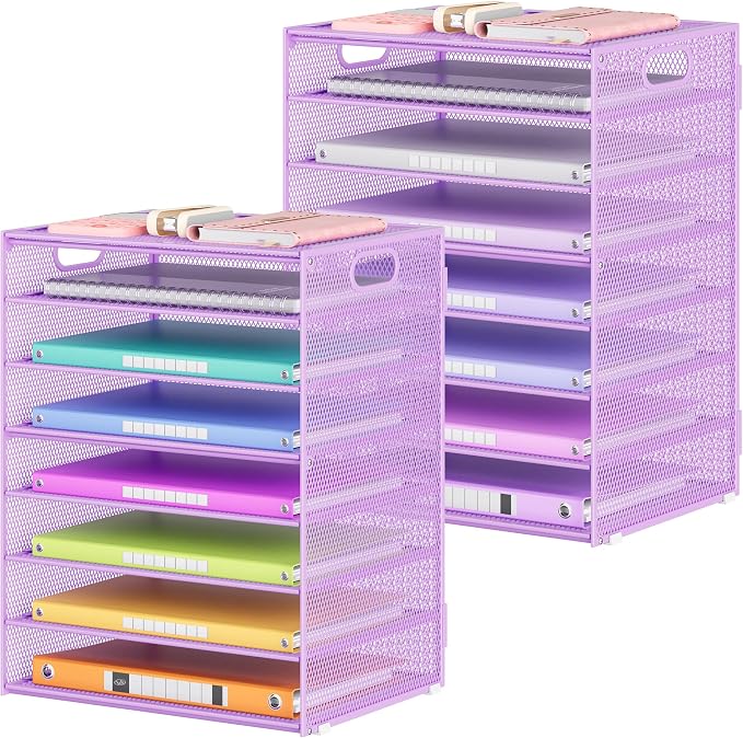Lavatino 2 Pack 8-Tier Office Desk File Organizer, Letter Tray Paper Organizer with Handle, Including 5 Adjustable Slide Trays for Organizing Desk Workspace Accessories and Supplies (Purple Mesh)