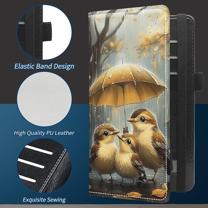 Check Book Cover for Personal Checkbook with Duplicate Checks for Women's & Men PU Leather Wallets Check Book Holder with Pen Card Slots Elastic Strap,Birds In The Rain