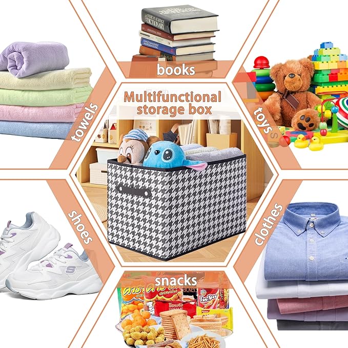 1 Pack Large Collapsible Storage Baskets for Shelves,14.9"x9.5" Fabric Closet storage Boxes with Leather Handles,Decorative Organizers Storage Bins for Clothes,Sheets,Toys,Books,(Houndstooth