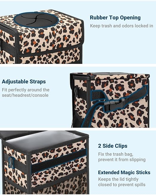 Capolo Car Trash Can with Lid, Leakproof Car Trash Bag Hanging Waterproof Automotive Garbage Can with Storage Pockets Mini Vehicle Trash Bin for Back/Front Seat(Leopard,2.5 Gallon)