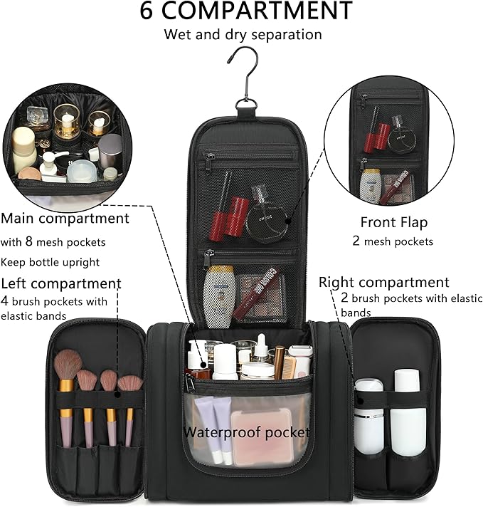 Hanging Travel Toiletry Bag for Men and Women with Metal Swivel Hook, Large Travel Makeup Organizer for Full Sized Cosmetics and Toiletries, Water-Resistant Bathroom Toiletery Bags, Black