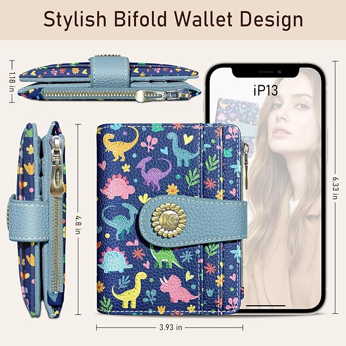 Kelvoris Cute Dinosaurs Small Rfid Women Wallet Bifold Zipper Coin Pocket PU Leather Compact Cash Credit Card Holder Travel Wallet for Female Ladies Teen Girls 1 ID Window 10 Card Slots