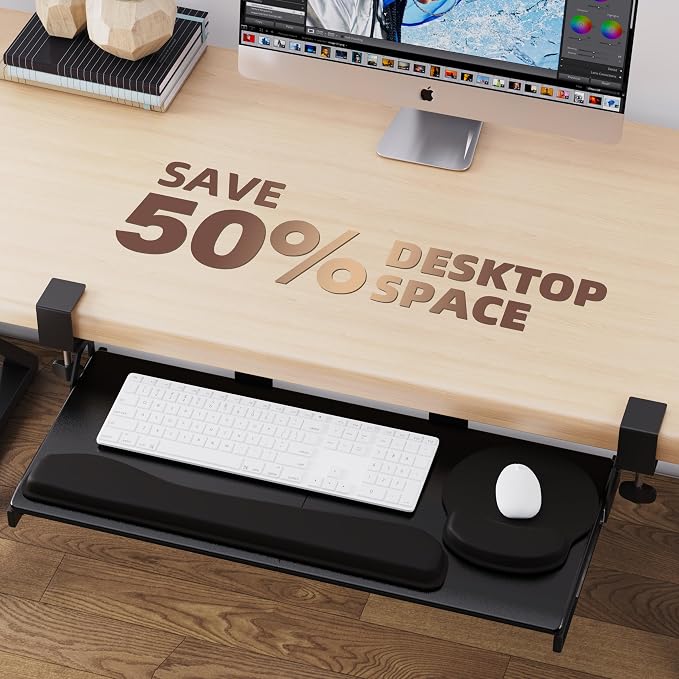 Keyboard Tray, 25 in. Pine Plastic, Keyboard tray Under Desk with Wrist Rest, Mouse Pad, Cup Mat, Lightweight Slide Out Tray, Easy Assemble Adjustable C clamp
