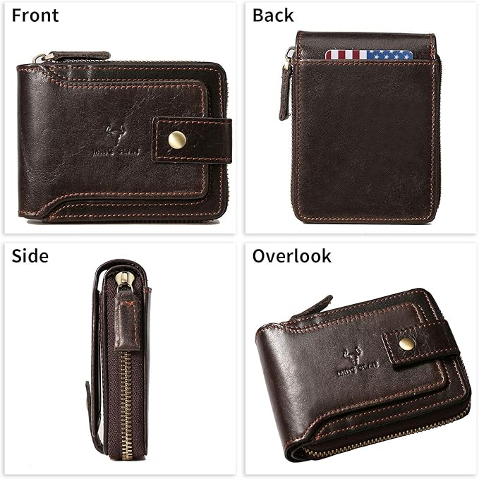 MING CLAN Leather RFID Blocking Bifold Wallet For Men With Zipper, Flap ID Window Zip Coin Pocket, Big Capacity Credit Card Holder For Travel