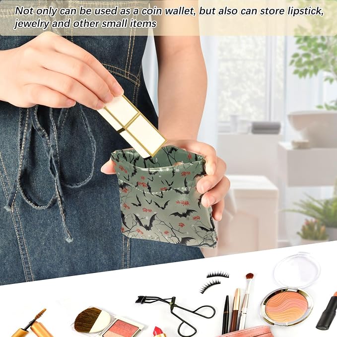 Bats Women's Waterproof PU Leather Coin Purse, Slim Travel Wallet with Zipper - Compact Card Holder & Jewelry Organizer for Cash, Keys, Lipstick